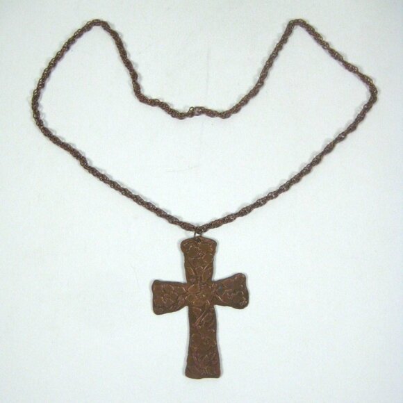 Handmade Copper Cross Pendant Necklace Floral Design Hammered CVG 30 inch Vintag - Picture 1 of 16